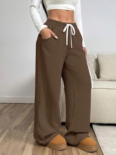 Image of Women's Trendy Korean Trouser with Pockets, Casual Corduroy Stretchable Baggy Loose || High Rise Elastic Waist Going Out Lounge Pants || Wide Leg Pants for Woman