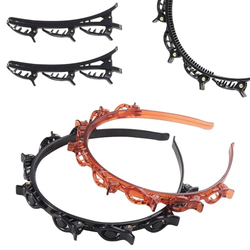 KingYH 2 Hairpin Headband Diadema con Pinzas y 2 Pinzas para el Cabello Diademas con Clips de Plástico Pinzas Trenzadas para Mujeres y Niñas-Negro y Marrón