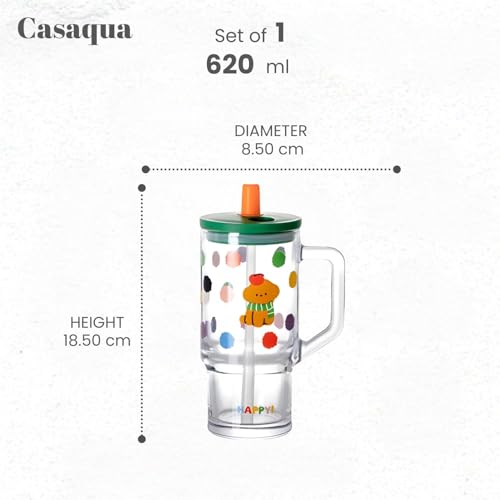 Image of Cute Dog Print Glass Tumbler with Handle, Lid & Straw - 620ml, Set of 1, Glass Sipper Cup for Kids & Adults, Drinking Mug for Water, Juice, Milk, Iced Coffee, Tea, Travel Cup (Random Color)