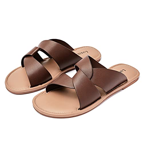 Image of Luoika Women's Wide Width Flat Slides Sandals, Strapy Slide Sandal Slip on Dressy Summer Shoes for Women.