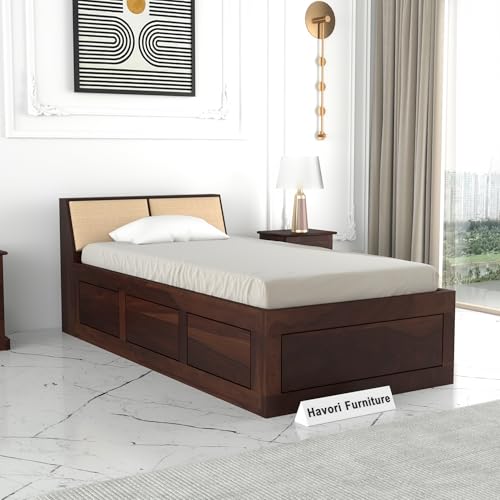 Image of Solid Sheesham Wood Single Size Bed with Box Storage for Bedroom Living Room Single Cot for Home Wooden Palang for Hotel (Walnut, Size 6 * 3)