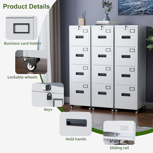 Image of Aobabo Metal 4 Drawer File Cabinet with Lock and Wheels,White | metal filing cabinet for letter /legal files and small office storage.