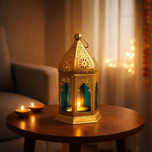 Image of MARKET 99 Metal+Glass Moroccan Lantern with Plain Glass | for Diwali, Christmas, Birthday, and Wedding | Decorative Candle Holder for Home Decor -Golden & Blue | (Use LED T-Light only)