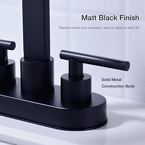 DIKUROOMS Matte Black Bathroom Faucet 4 Inch Centerset 2 Handle Lavatory Vanity Sink Faucet with Overflow Pop-Up Drain and cUPC Water Supply Lines, Square Shaped 360 Degree Swivel Waterfall Spout - Thumbnail 6