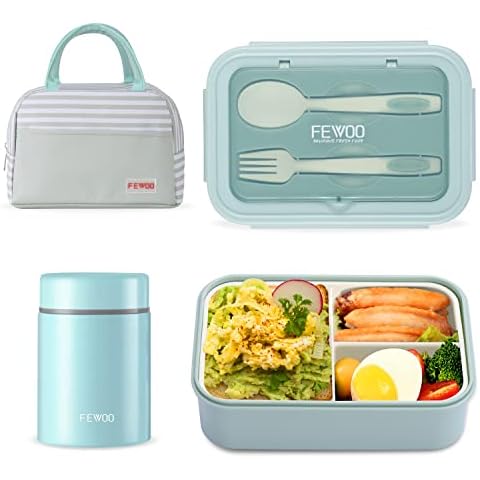 FEWOO Soup Thermos,Food Container for Hot Cold Food, Vacuum Insulated Stainless Steel Lunch Box for Kids Adult,Leak Proof Food Jar for School Office Picnic Travel Outdoors (Blue+Green) Cover
