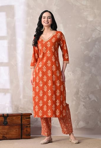 Image of MEERA FAB Women Floral Printed Sequined Cotton Straight Kurta with Palazzos & Dupatta | Sanganeri Print