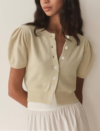 Image of Womens Puff Short Sleeve Cardigan Sweaters Cropped Button up Lightweight Y2k Knit Summer Cardigans