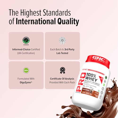 Image of GNC Pro Performance 100% Whey Protein | New Formulation | 24g Protein, 5.7g BCAAs, 12.3g EAAs | Added DigeZyme | Whey Isolate & Concentrate Blend, Low Carb (4.51g), No Added Sugar | Cafe mocha, 907g