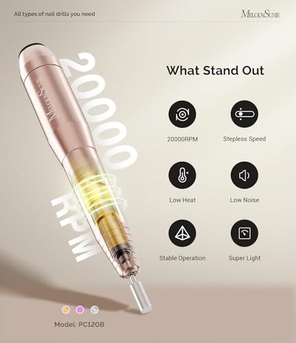 Image of MelodySusie Pen-Shaped Portable Nail Drill with AC Adapter, PC120B 20000RPM Electric File with Compact Design for All Nail Care, Manicure Polishing, Shaping & Gel Removal at Home for Beginners