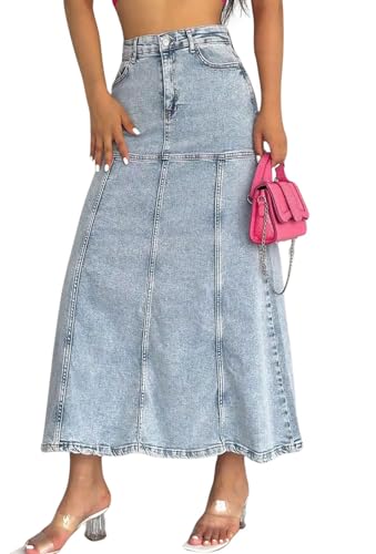 loveimgs Women Vintage Long Denim Skirt A Line Maxi Jean Skirt Y2k Patchwork High Waist Flare Skirt with Pocket