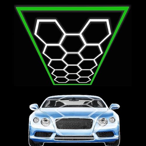 HJDSUDU Luminaire de Garage à LED en nid d'abeille, plafonnier enfichable, Ensemble de 14 lumières hexagonales à Grille 6500K avec Cadre rectangulaire pour Garage,Green Frame