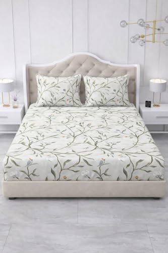 Image of 300 TC Cotton Feel Glace Cotton Elastic Fitted Bedsheet for King Size Double Bed | Fits up to 8 Inch Mattress | Printed Bedsheet with 2 Pillow Covers (White Leaf, King Size - 72 inchx78 inch)