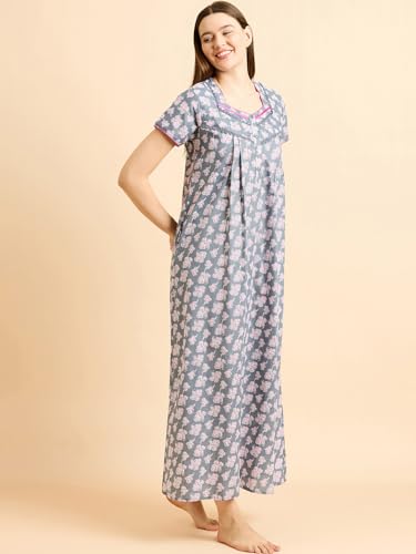 Image of Sweet Dreams Women's Cotton Maxi Night Dress (OCW-3586 Grey 2 XL)