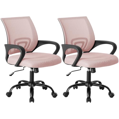 Image of DUMOS Ergonomic Home Office Chair, Executive Mesh Desk Chair, 2 Pack | Height Adjustable, Lumbar Support, Breathable Mid Backrest, Fixed Armrest, Rolling Wheels, Computer Gaming, Meeting, Pink