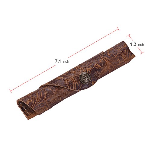 Vintage Handmade Leather Single Pen Case Holder Cowhide Fountain Pen Sleeve Roll Wrap Pen Pouch (Brown Carved) #TOP5