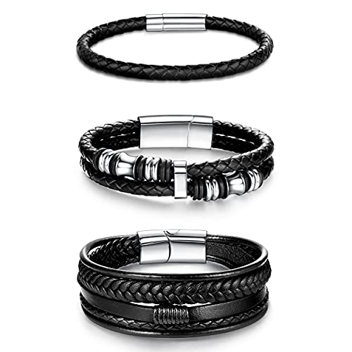Jstyle 3Pcs Braided Leather Bracelet for Men Women Leather Wrist Band Cuff Bangle Bracelet with Stainless Steel Magnetic Clasp Multilayer 7.5-8.5 inches S22.5
