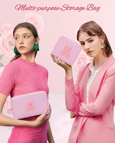 Personalized Initial Makeup Bag| Toiletry Bag for Girls&Women,Make Up Case for Girlfriend Bridesmaid Wife,Birthday Gift for Her Cute,2PCS,Pink C3