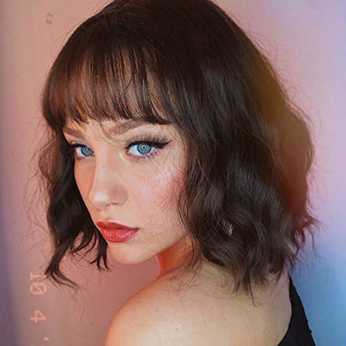 Yamel Wavy Bob Wig with Bangs Natural Brown Wig Synthetic Hair Shoulder Length Short Curly Wigs for Women