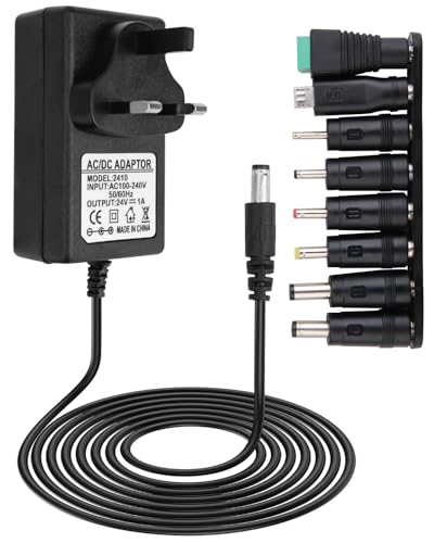 24V 1A Power Supply Adapter UK 100-240v 50/60hz AC to DC with 8 Replacement Tip Universal 5.5x2.1mm Multi Plug Charger for Household Electronics LED Strip Light Router Sound Bar Nail Lamp