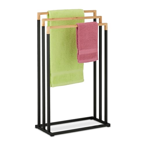 Relaxdays Handtuchständer, 3 Stangen, freistehend, HxBxT: 76x45x21,5 cm, Duschtuchhalter fürs Bad, Eisen, schwarz/Natur