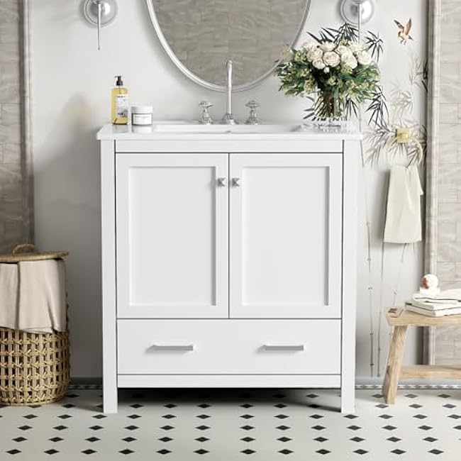 Contemporary Bathroom Vanity Combo Featuring Ceramic Undermount Sink, Storage Cabinet with Soft Close Doors £¦ Divided Drawer, Double Layered Shelves, Overflow Protection, Solid Wood Frame (White 30)