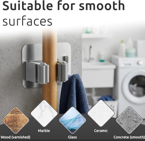 Image of Kmils Self Adhesive Mop Holder Wall Mount, Stainless Steel Broom Holder with Hook, No Drill Wall Organizer for Mop, Broom, Bathroom, Kitchen & Laundry Room (Silver, Pack of 4)