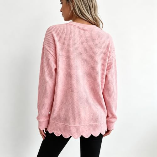 Women Tunic Scalloped Sweatshirt Crewneck Long Sleeve Waffle Knit Tops - image 6