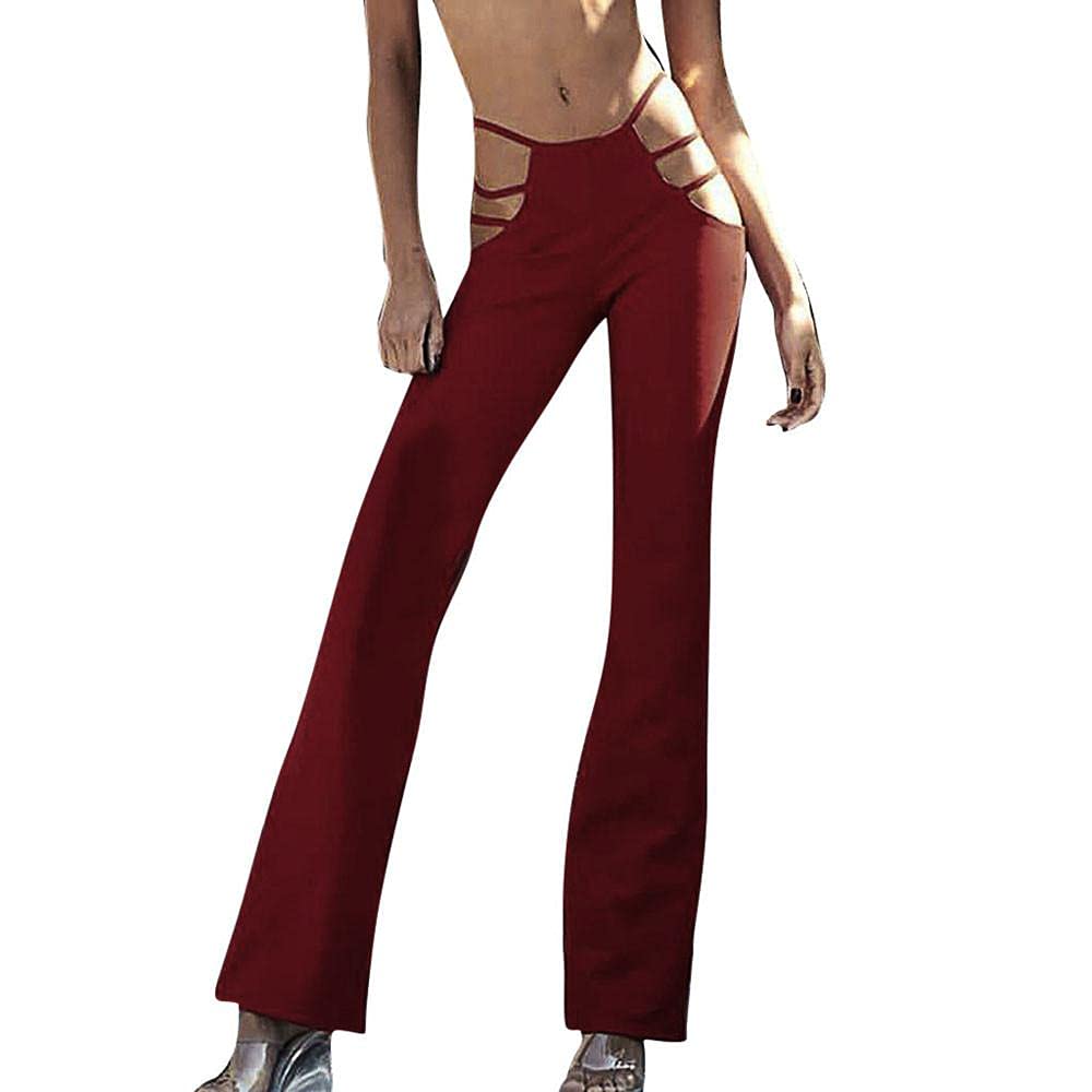 Womens Casual High Waist Cutout Bandage Pants Sexy Bell-Bottomed Elastic Trousers Solid Flare Streetwear