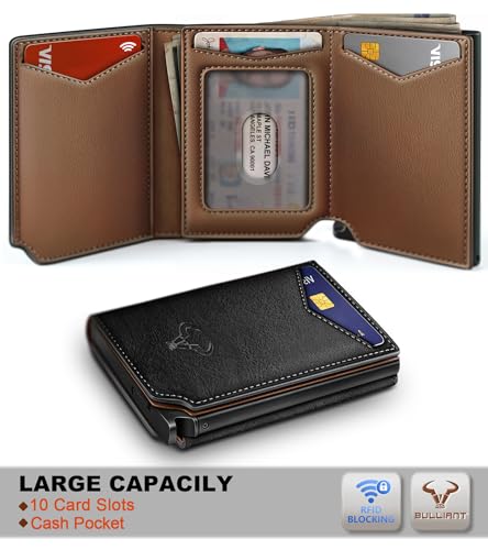 Image of BULLIANT Men Wallet Leather Wallet Card Holders Money Clip for Men 10Cards-Magnetic Flip on Metal Case