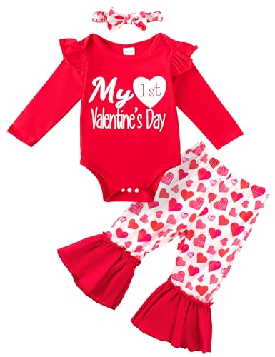 DAKEIK Baby Girl Valentines Day Outfit 9-12 Months My First Valentines Day Baby Girl Outfit Red Ruffle Long Sleeve Bodysuit Love Pattern Bell Pants Turban 3piece Set