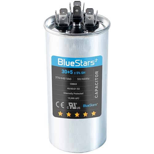 [2025 Upgraded] BlueStars 30+5 MFD 30/5 uF 370-440 Volt Volts Round Dual Run Capacitor CBB65 CBB65B Replacement Part - Air Conditioner Capacitors for AC Motor Run or Fan Start or Condenser Straight