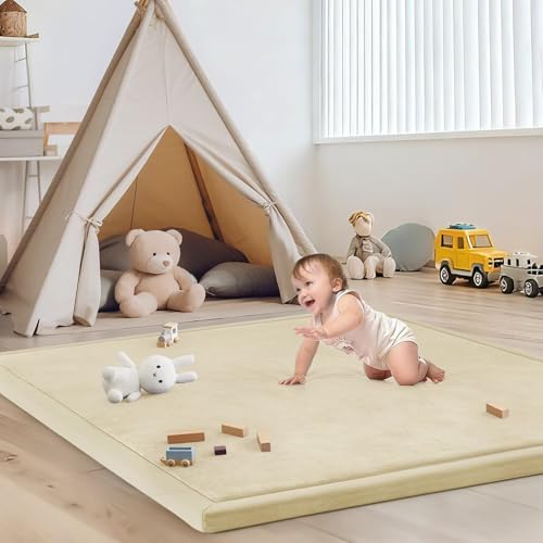 Image of Baby Play Mat for Floor Nursery Rug Muscle Mat Area Rug Playroom Rug 50 inchx50 inch Playpen Mat Elastic Foam 1.3 inch Thick Crawling Mat for Babies,Toddlers, Infants, Kids,Light Beige