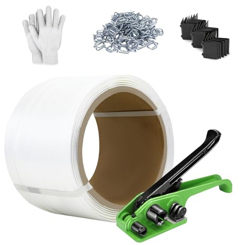 Heavy Duty Banding Strapping kit Contain 3/4"x 330' Composite Cord Packaging Straps &amp; 100 Metal Wire Buckles 50 Plastic Edge Protectors Tensioner with Cutter Tool Glove