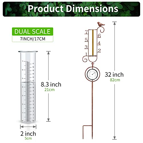 Vancore 32 Inch Rain Gauge Outdoor With Waterproof Thermometer, 7 Inch Rain Guage Easy To Read, Detachable Rustproof Metal Frame With Replacement Glass Tube, Hummingbird Decor For Yard & Garden #TOP5