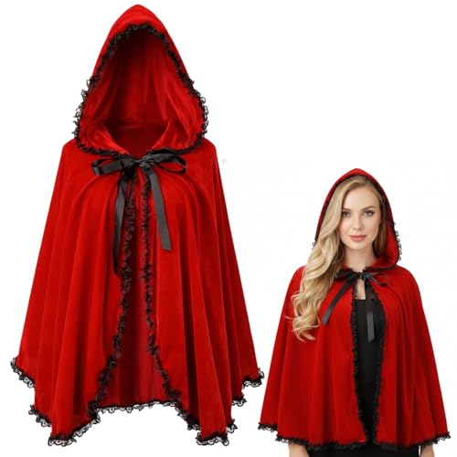 PjuQow Rotkäppchen Umhang Elegante Spitzenverzierung Roter Umhang Für Damen Und Kinder Perfekt Für Verkleidungspartys Und Theateraufführungen Einheitsgröße