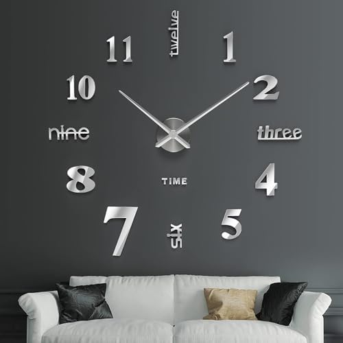 Large DIY Wall Clock Kit - 3D Frameless with Mirror Number Stickers, Self Adhesive for Home Living Room Bedroom Office Decoration Gift Item (Silver)
