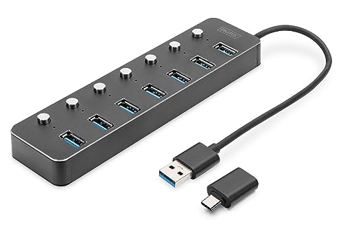 DIGITUS USB-Hub - 7 Ports - USB 3.0 - bis zu 5 Gbit/s - Ports einzeln schaltbar - inkl. USB-A auf USB-C-Adapter - Plug & Play - Aluminium Gehäuse - dunkelgrau