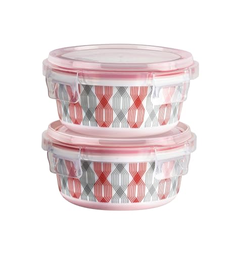 Image of CELLO Opalware Red Trellis Lunch Box with Jacket | Leak-Proof & Thermal Resistant | Microwave Safe & Dishwasher Safe | 2 Container with Lid 300ml Each | Set of 2