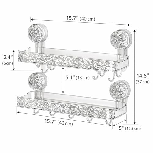 Image of Wall Mounted Bathroom Storage Rack with Suction Cups - Double Shelf with Hooks - Transparent & Patterned Front Design (2)
