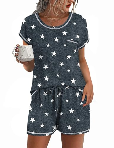 Ekouaer Womens Pajama Sets 2 Piece Soft Short Sleeve Top and Shorts Sleepwear Round Neck Pjs Lounge Set with Pockets Deep Grey Stars Medium