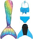 Pyjacos meerjungfrauenflosse mädchen Badeanzug - Meerjungfrau Flosse Bademode mit Bikini Set und Monoflosse Mermaid Tail, 4 Stück Set，blueseJCKA09+46-150