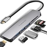 USB C Hub Multiport Adapter - 7 in 1 Portable Space Aluminum Dongle with 4K HDMI Output, 3 USB 3.0 Ports, SD/TF Card Reader Compatible for MacBook Pro, XPS More Type C Devices