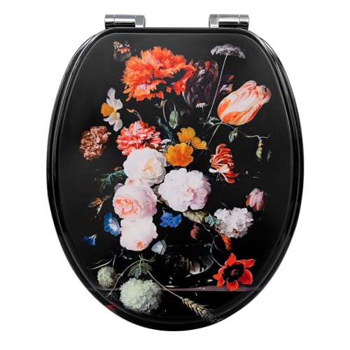 WOLTU Abattant WC avec Frein de Chute, Lunette Toilettes WC, en MDF, Dégagement Rapide, en Forme O, Charnières Réglables, Motif de Fleurs