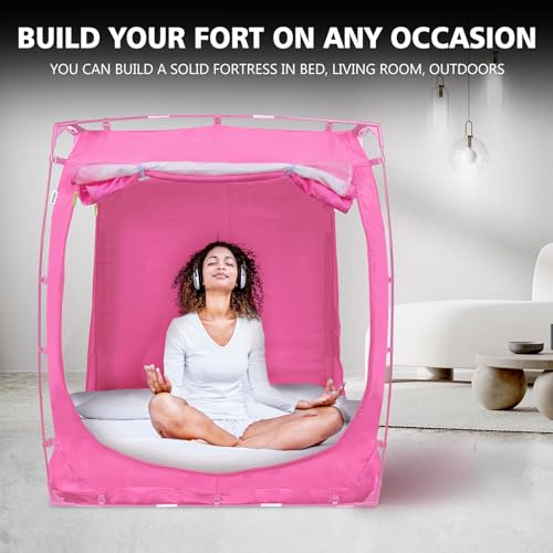 Bed Tent Canopy Twin Size Tents for Adult and Kids- Portable Dream Indoor Sleeping 70% Blackout with 3 Doors Breathable Big Space Pink
