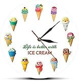 Horloge Murale Moderne Silent Summer Dessert Shop La Vie est Meilleure avec la crème glacée Horloge Suspendue Ronde Dessin animé Chambre des Enfants Horloge Murale imprimée