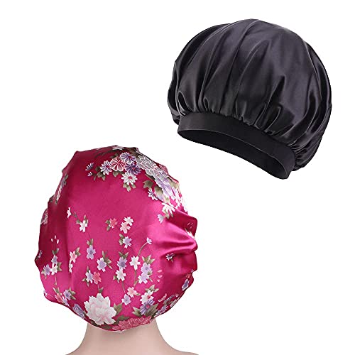 Silk Bonnet Sleep Satin Hair Caps for Sleeping, Large Night Hat with Elastic Soft Band - 2 Pack (Black, Rose Red Flower)