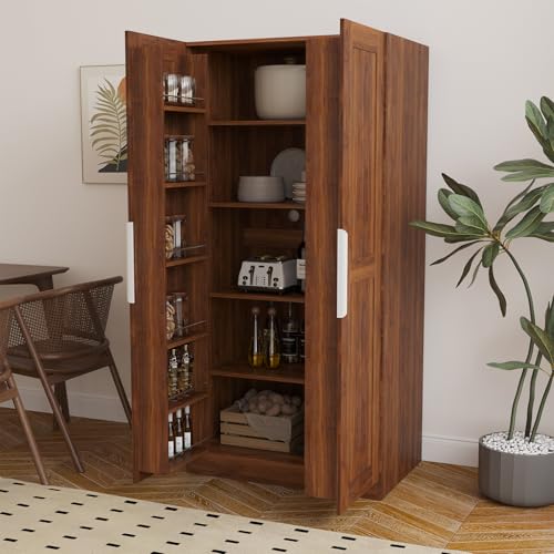 Image of 22 in Deep Kitchen Pantry Storage Cabinet with Doors and Shelves Walnut | Tall, Large Cupboard for Food