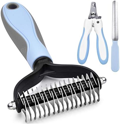GOESWELL Pet Deshedding Brush - Undercoat Rake for Dogs & Cats - Double Sided Brush for Shedding and Dematting Comb Grooming Tool kit - Nail Clippers & Nail File (Blue(3 Pack))