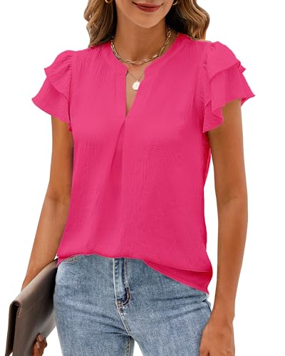 SimpleFun Ruffled Blouses for Women Dressy Casual Short Sleeve V Neck Flowy Chiffon Top Pink Dress Shirt L
