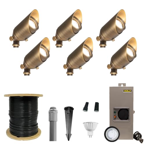 VOLT 12V Cast Brass Top Dog LED Outdoor Spotlight 6-Pack Kit with 150W Low Voltage Transformer for Landscape Lighting of Yard, Lawn, Garden, Patio, Trees & House